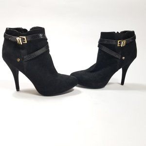 Guess Black Suede Heeled Ankle Booties with Strappy Buckle Detail Size 9.5 M